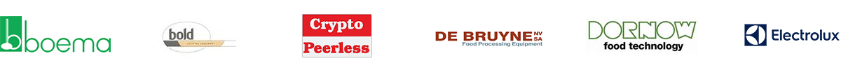 Backus, Boema, Bold, Crypto, De Bruyne, Dornow, Electrolux, Finis, Flo-Mech, Florigo, Haith, Hobart, IMC, Jaycraft, Kiremko, Kronen, Kuipers, Limas, Magnuson, Marcelissen, Metcalfe, Nymek, Peter Cox, PPM, Sammic, Sormac, Speed Peel, Speedpeel, Stigwood, Tickhill, Vanmark, Watson